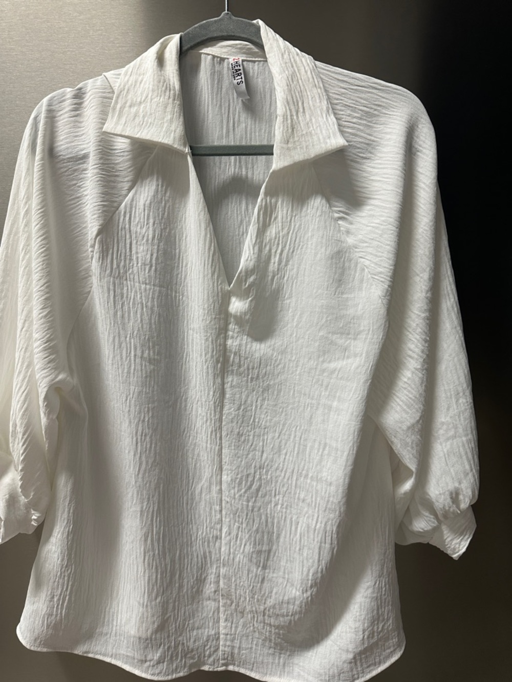 Women's White Textured V-Neck Blouse with Open Collar